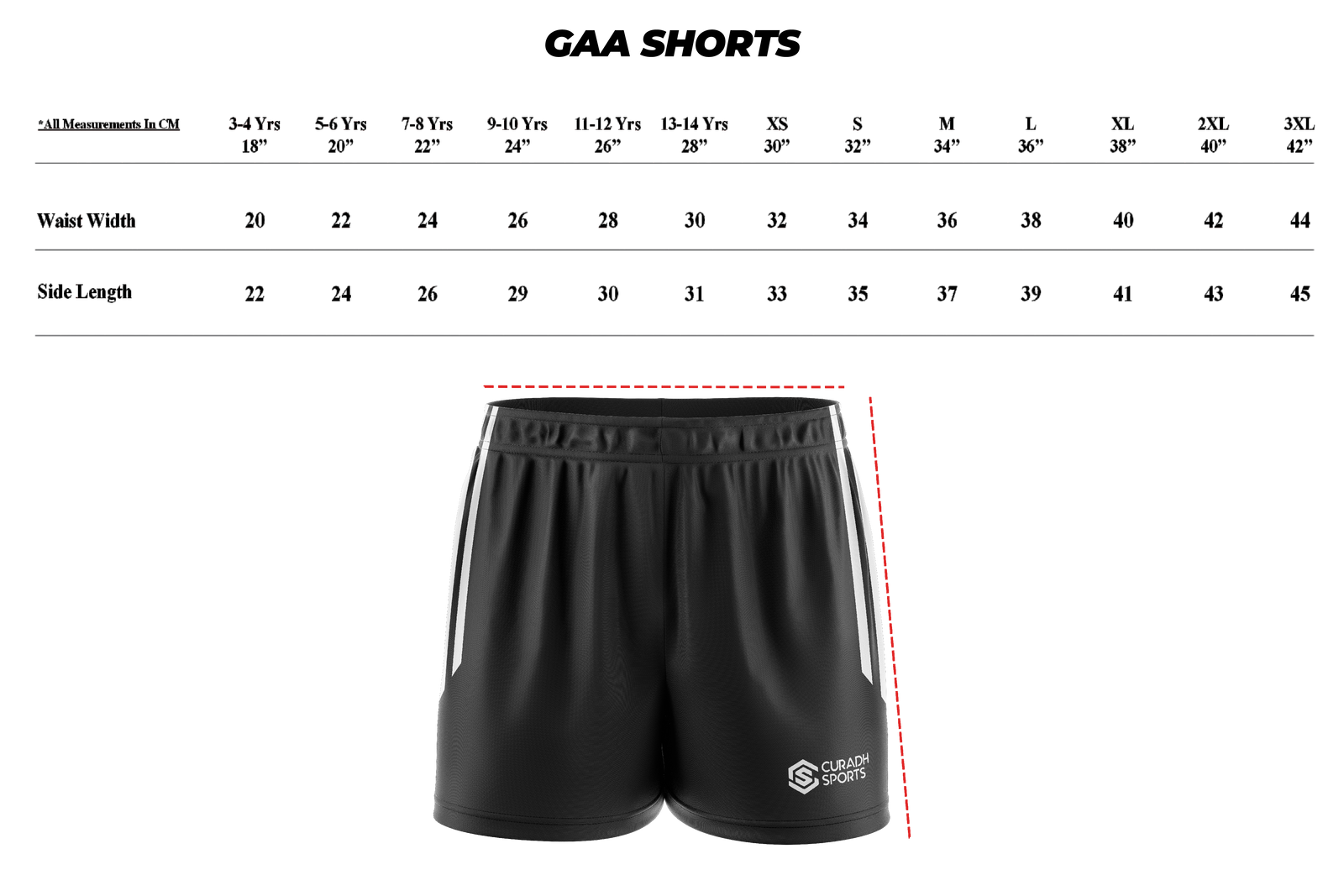 GAA Shorts size guide