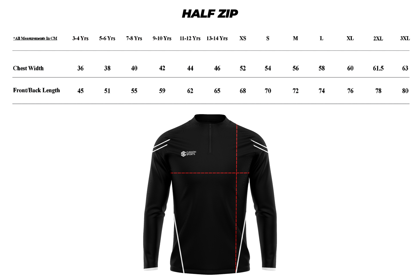 Half Zip size guide