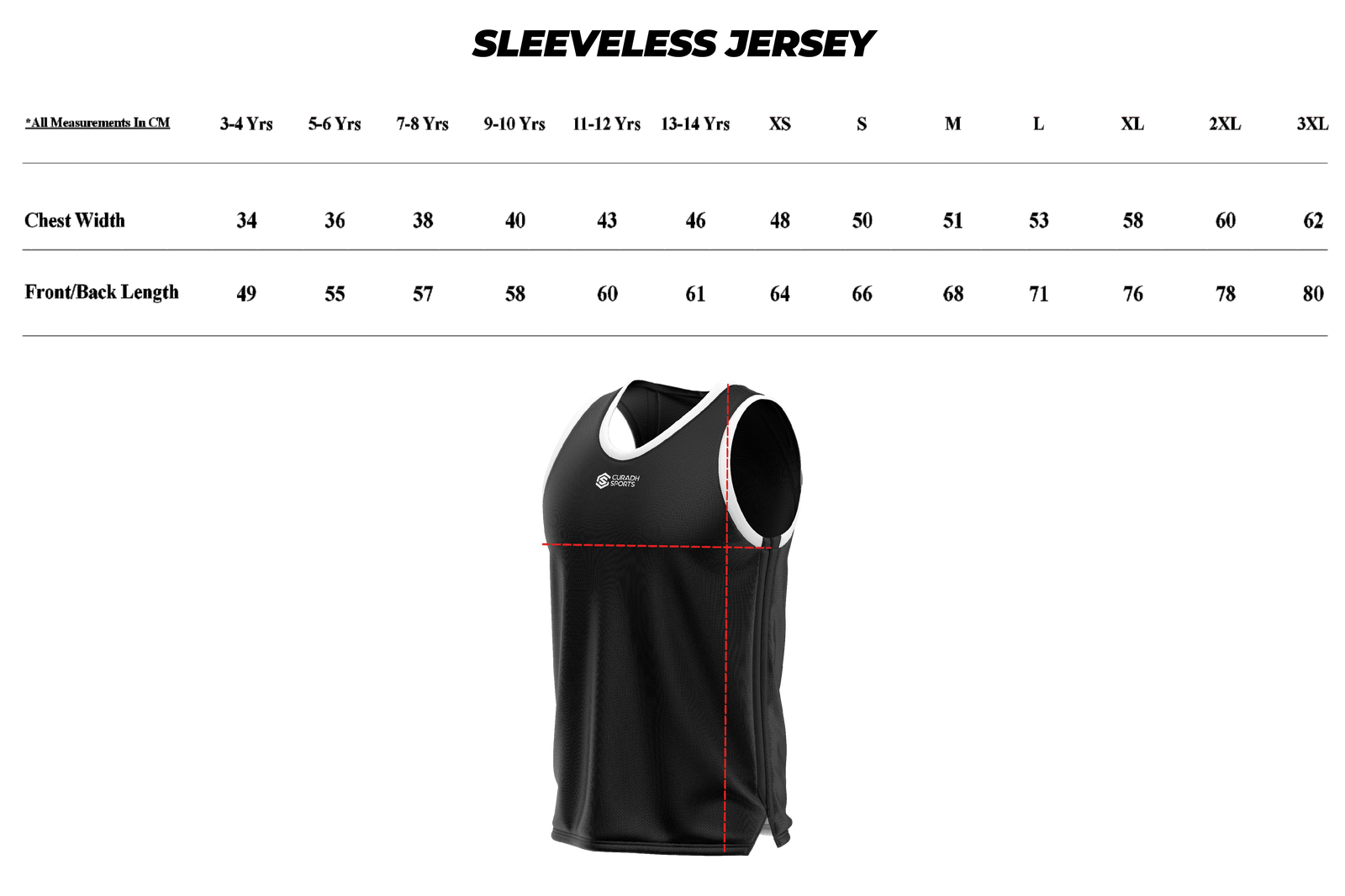 Sleeveless Jersey size guide